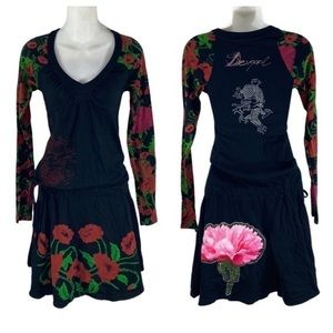 Desigual black floral dragon tie side v-neck long sleeve dress XS